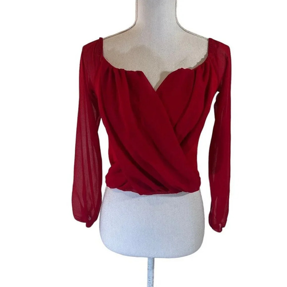 Windsor Cherry Red Blouse Pointed V Neck Chiffon Cropped Long Sleeves - Picture 1 of 6